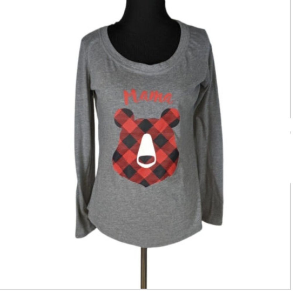 Wondershop by Target Tee Sz S Gray Mama Bear Buffalo Plaid Long Sleeve Sleep PJs